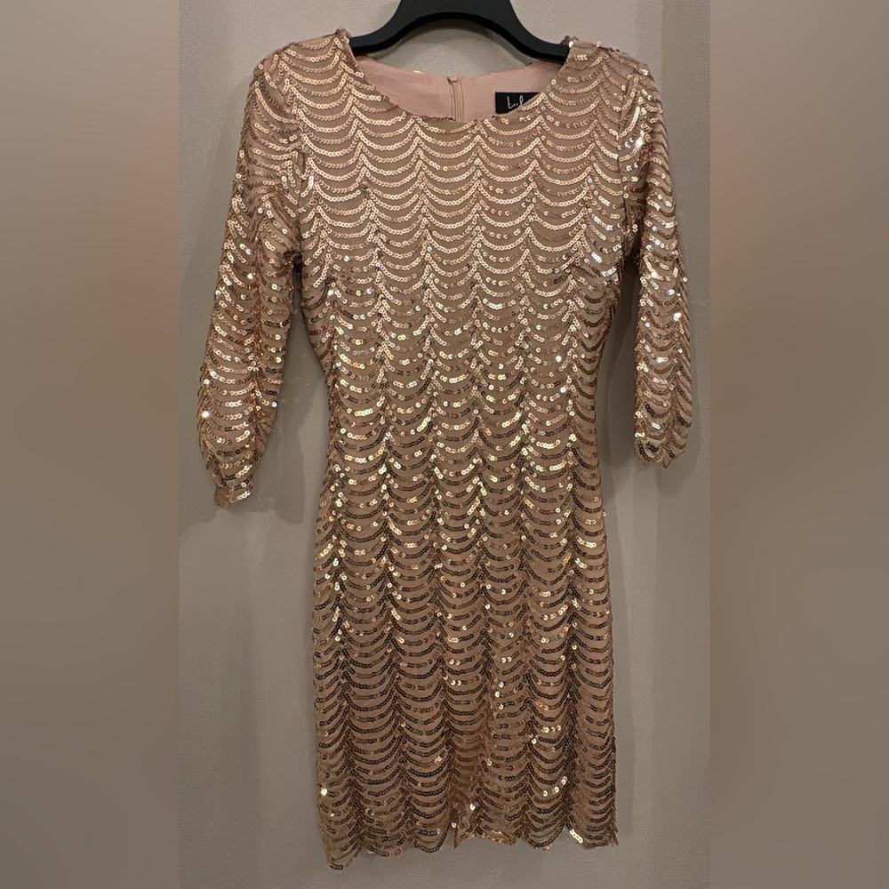 Champagne sequin mini dress with scalloped bottom and sleeves - worn once